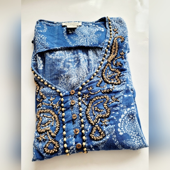 Lucky Brand Women's Boho Blouse Cotton/Rayon Beaded Blue/White Small - Picture 10 of 16